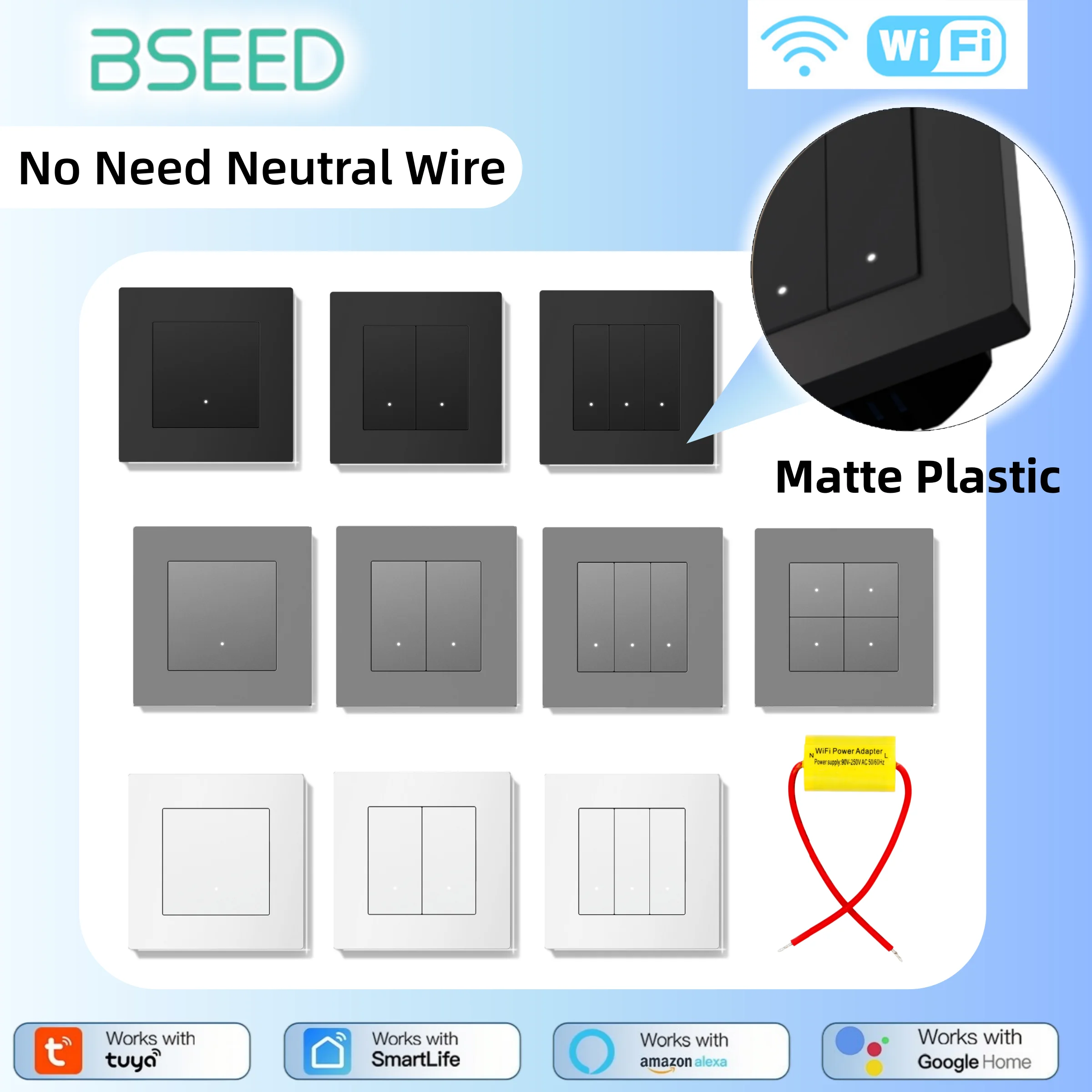 BSEED Wifi Switches No Neutral Wire Require Wall Smart Button Click Light Switches Plastic For Tuya Smart Life Google Yandex APP
