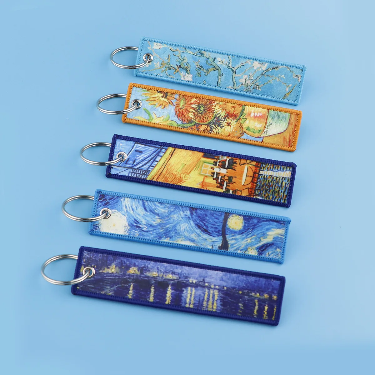 

Van Gogh Summer Art Drawing Embroidery Key Fob Starry Night Wave Sunflower Keychain Jewelry Car Keyring School Reward for Kid