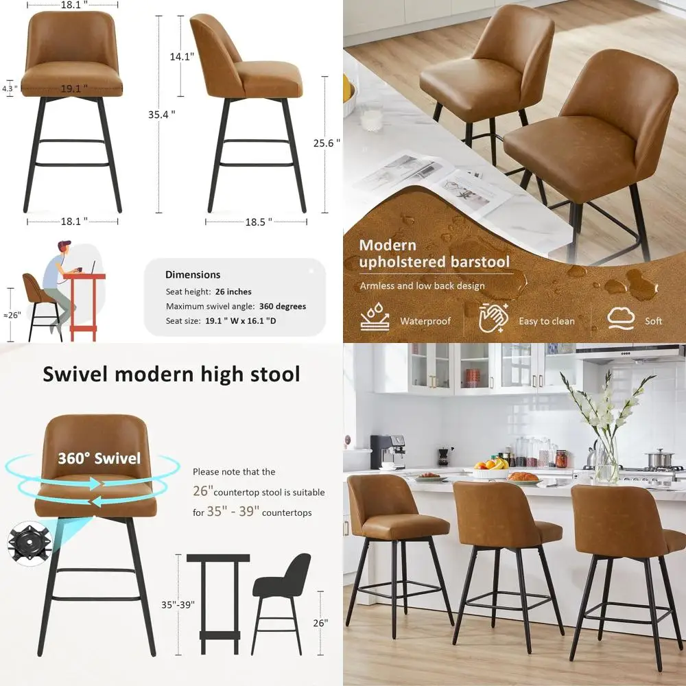 

4-Piece Swivel Leatherette Bar Stools, 360° Rotation, High Back, 26 Seat Height (Brown, Counter Height)