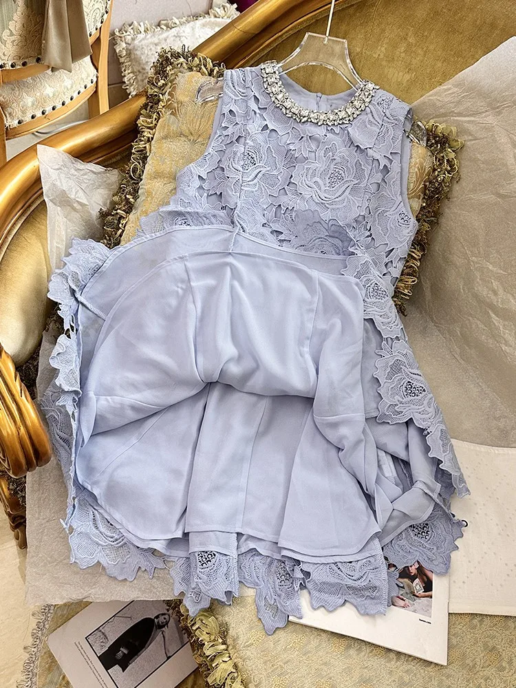أزياء الصيف الإناث نمط جديد الماس طوق اللباس أنيقة الدانتيل أكمام س الرقبة البلوز فساتين فوق الركبة فستان الشمس الصغيرة
