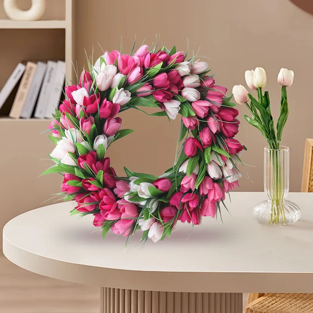 

19.7 Inch Tulip Wreath Artificial Flower Wreath with Tulips Mothers Day Valentine's Wreaths for Wall Window Party Wedding Decor