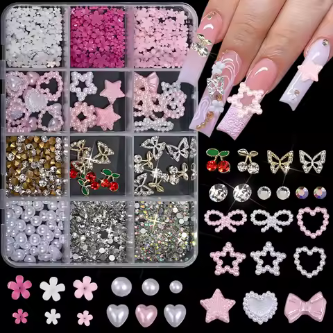 12grid Cute Pearl Heart/Star/mini Flower Nail Gems Red Cherry &amp; Butterfly Nail Charms Round Beads Nail Rhinestones Nail Parts 6@