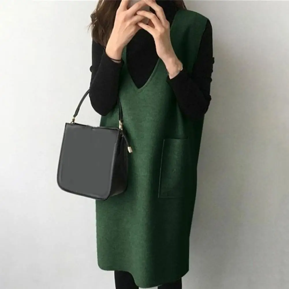 Women Simple Base Dress  V Neck Autumn Winter Long Waistcoat  Pure Color Slim Dress