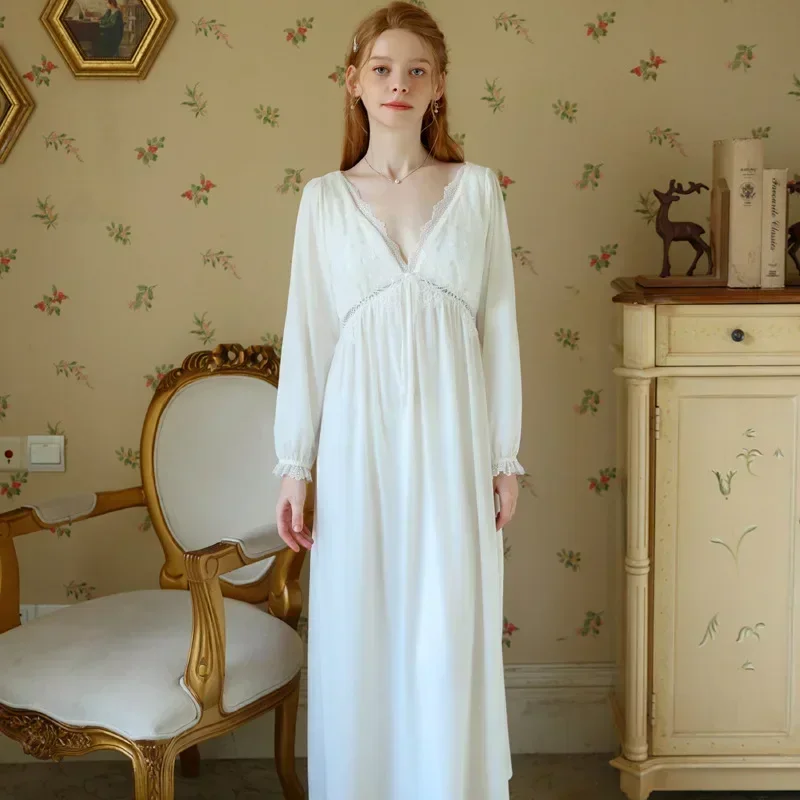 Sweet Sleepwear Victorian Lace Princess Nightwear Sexy Night Dress Women Cotton Spring Summer Long Sleeve Robe Vintage Nightgown