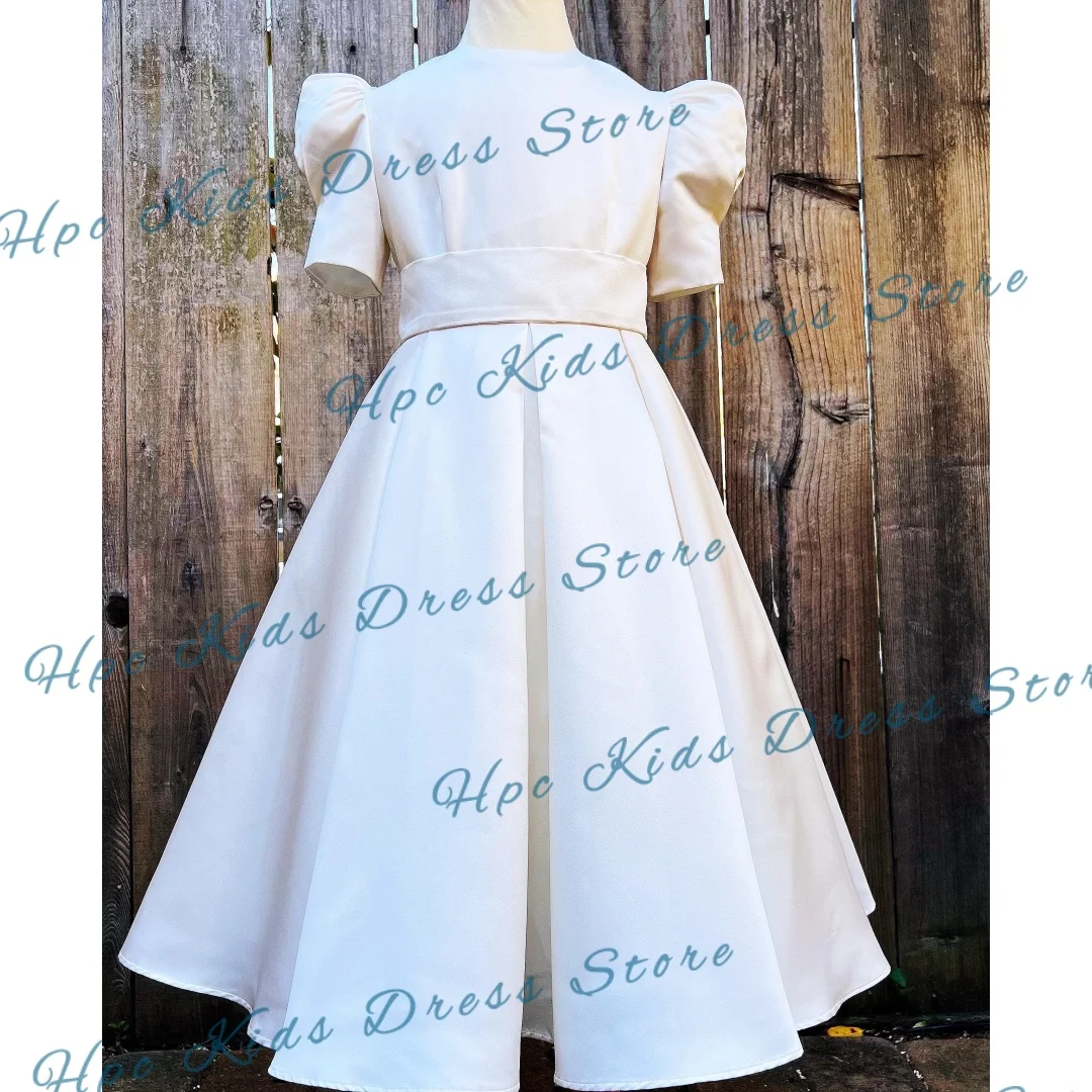 Custom White Satin Flower Girl Dress Puff Sleeve High Waist A-Line Wedding Party Outfit for Kids
