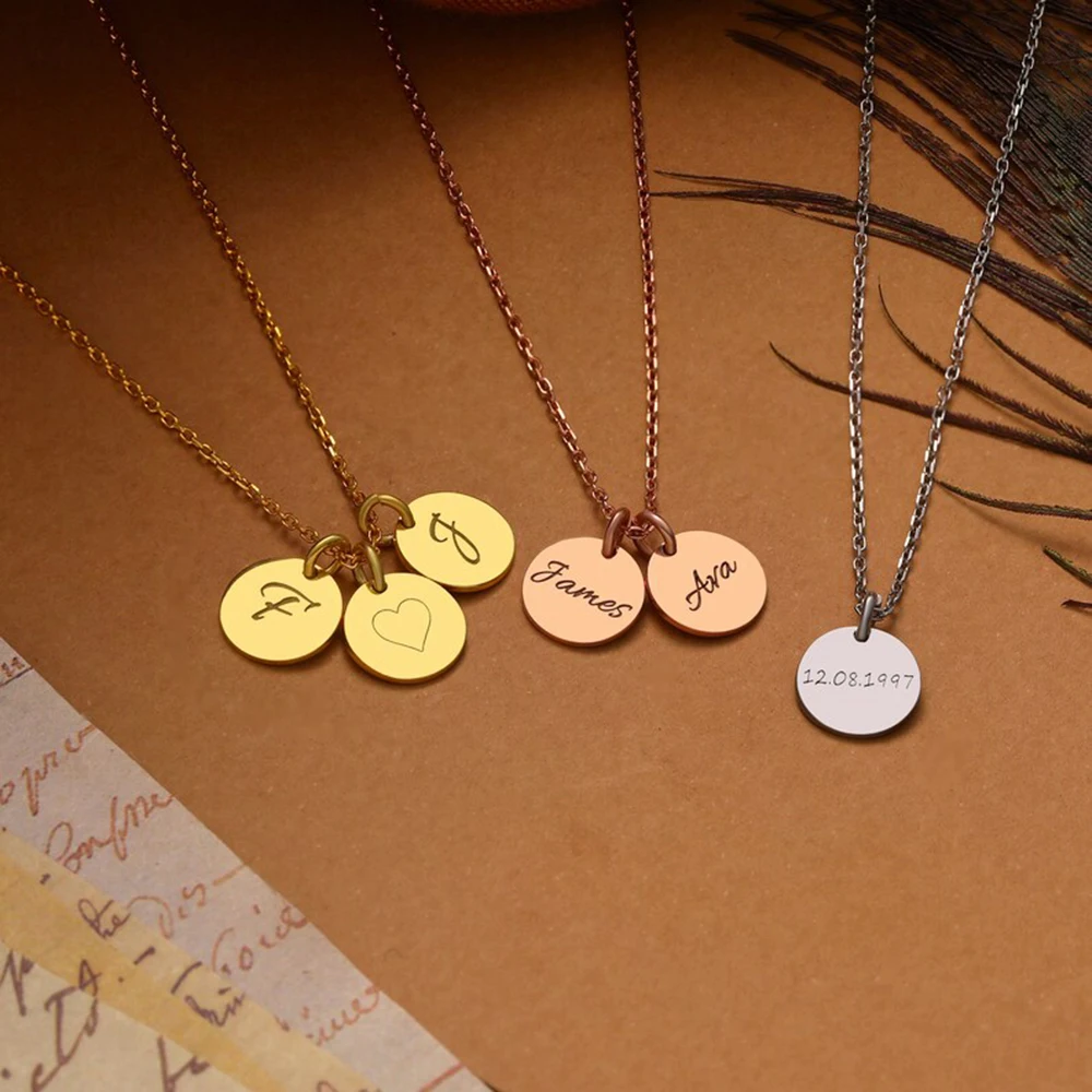 Custom Engraved Name Disk Necklace Mom Grandma Necklace Children's Name  Personalized Family   Initial Letter Disc Necklace