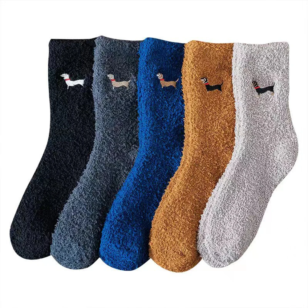 1 Pairs Dachshund Dog Thicken Winter Warm Fluffy Mid Socks Men Socks Soft Coral Velvet Socks Indoor Floor Towel Socks Breathable