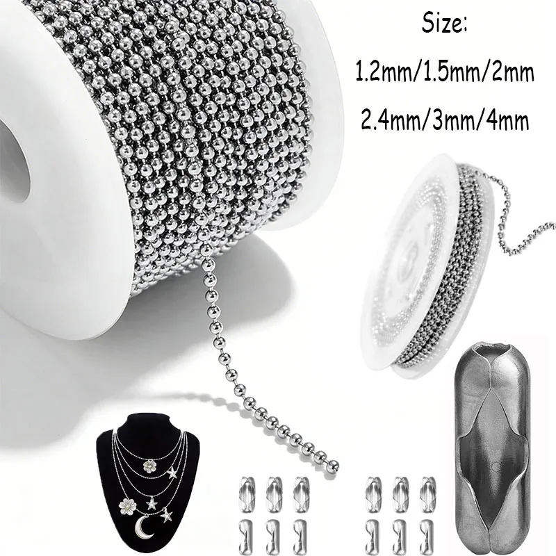 Cadena de Bolas de Metal de 2/5/10 m, Cadena de Bolas de 1,2-4 mm con 50/10 Conectores Ajustables para Llaveros y Fabricación de Joyas