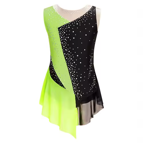 Kids Girls Figure Skating Rhythmic Gymnastics Leotard Dress Asymmetrical Split Shiny Rhinestones Contrast Color Dress Ballerina - Image 27