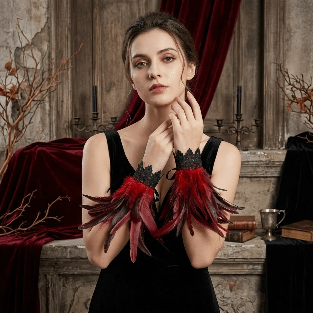 Fashion Black Fluffy Feather Wrist Cuffs Adjustable Lightweight Halloween Arm Cuff Gloves Lace Punk Wristband Themed Party