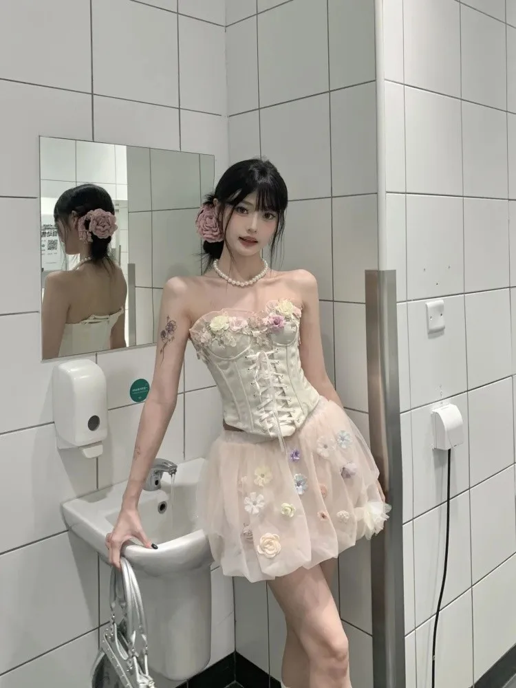 

Pure Desire Sexy Splice Lace Crop Top And Skirt Set Women's Faion Heavy Embroidery Floral Print ort Sve round Ne Two...