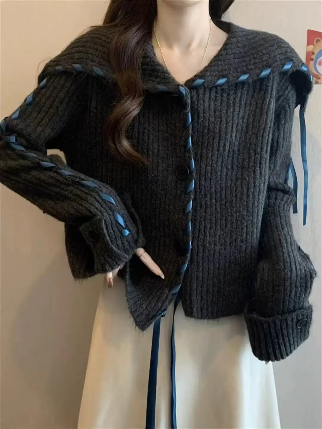 

Korean Sle Long Sve Turn-down Collar Knitted Sweater Women's Autumn Winter New Sle Open Cardigan Striped Dstring Na...