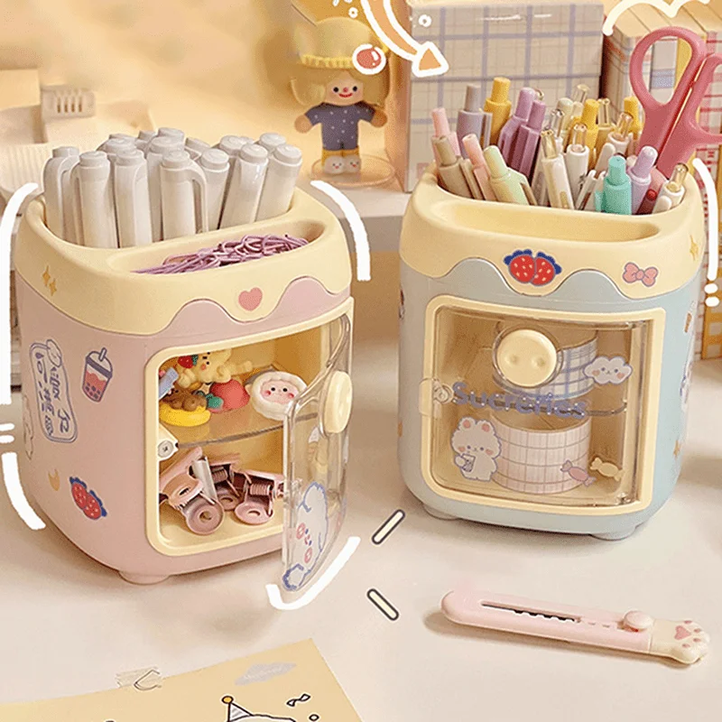 Random stickers, equipped with 1 pig stationery pen holder storage box, large capacity desktop storage bucket pen holder