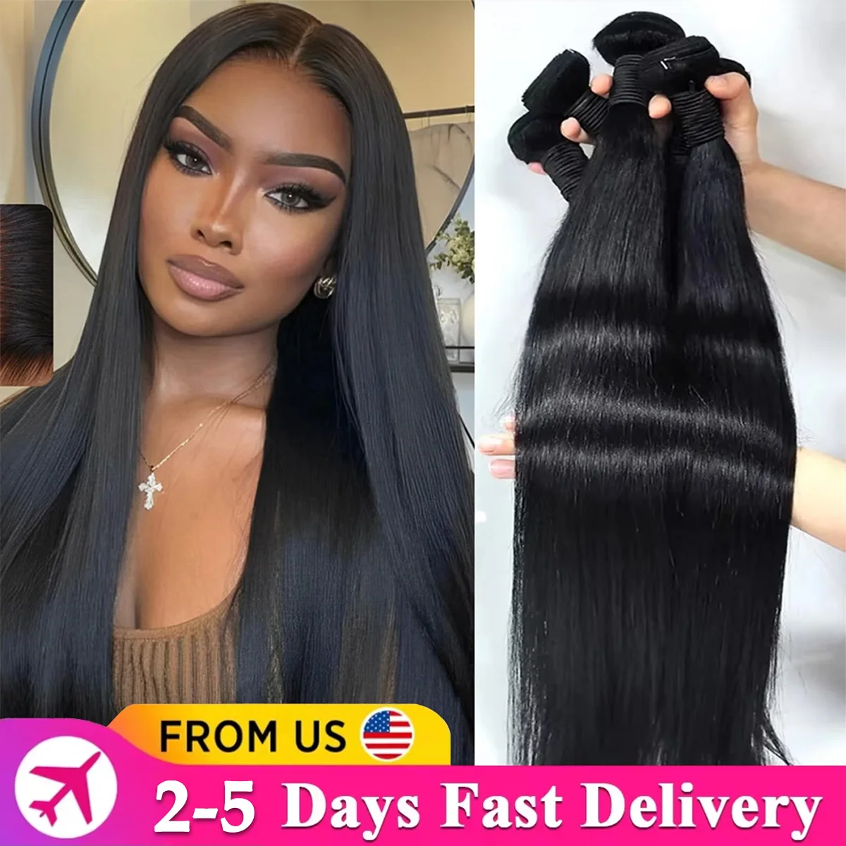 ストレート人毛バンドル ブラジル産未加工バージンヘアバンドル 100%人毛エクステンション 2-5日配達