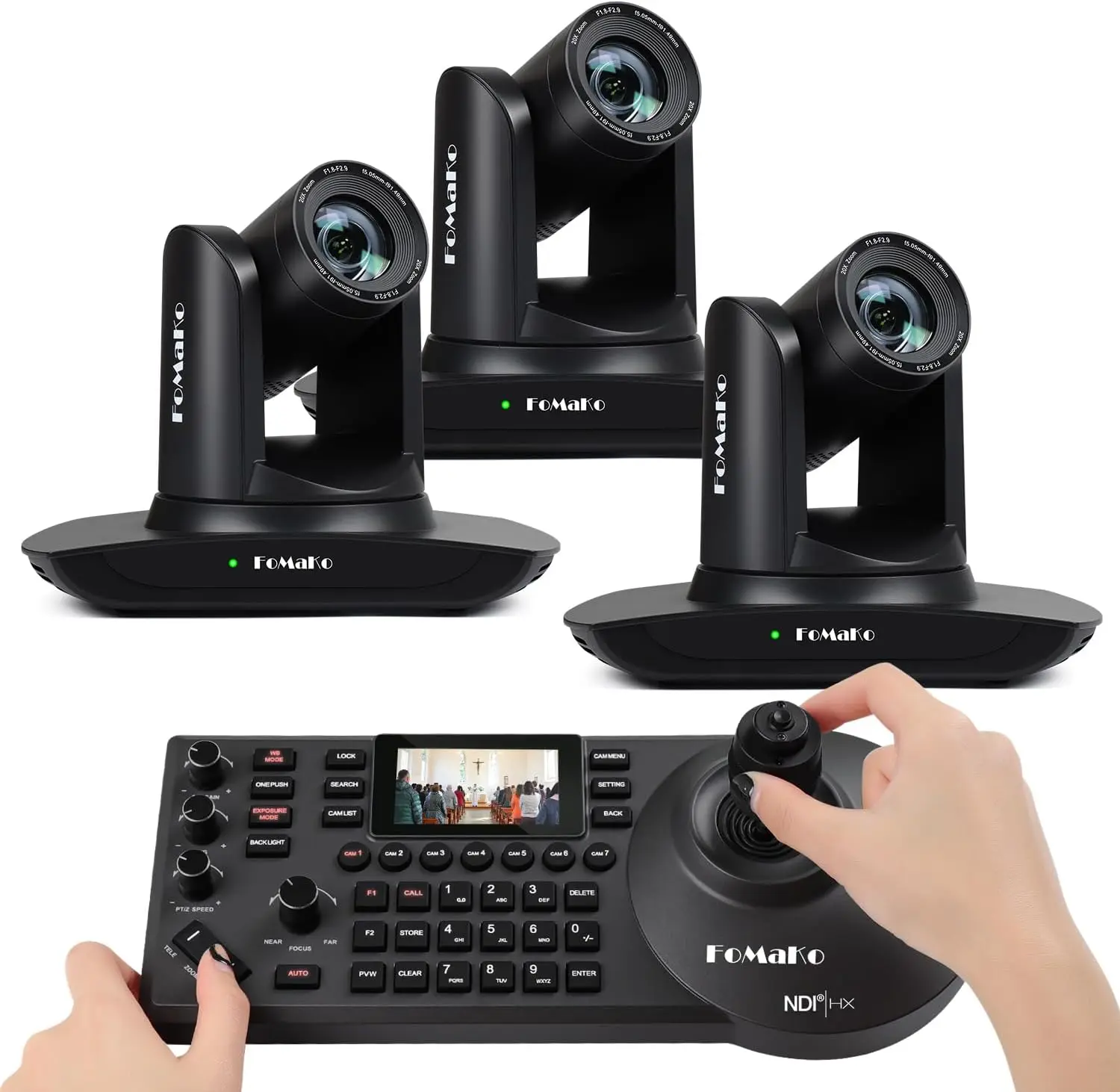 

HDMI PTZ Camera AI Auto-Tracking Gen 3, 20x Optical Zoom, PoE KC608 NDI PTZ Controller (Black),for Church (3x FMK12UH-B+KC608)