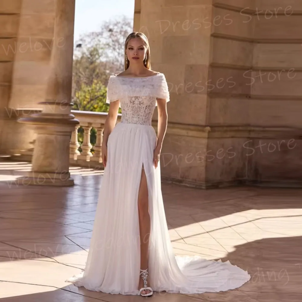 Graceful A Line Women's Off Shoulder Lace Appliques Wedding Dresses Robe De Mariée Customized Slit Bride Gowns Vestido De Novia