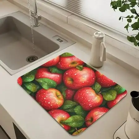 Dish Drying Mat Autumn Orchard Harvest Theme Fresh Fruits Pattern Scattered Leaves Non Slip Salon Pad for Coffee Table