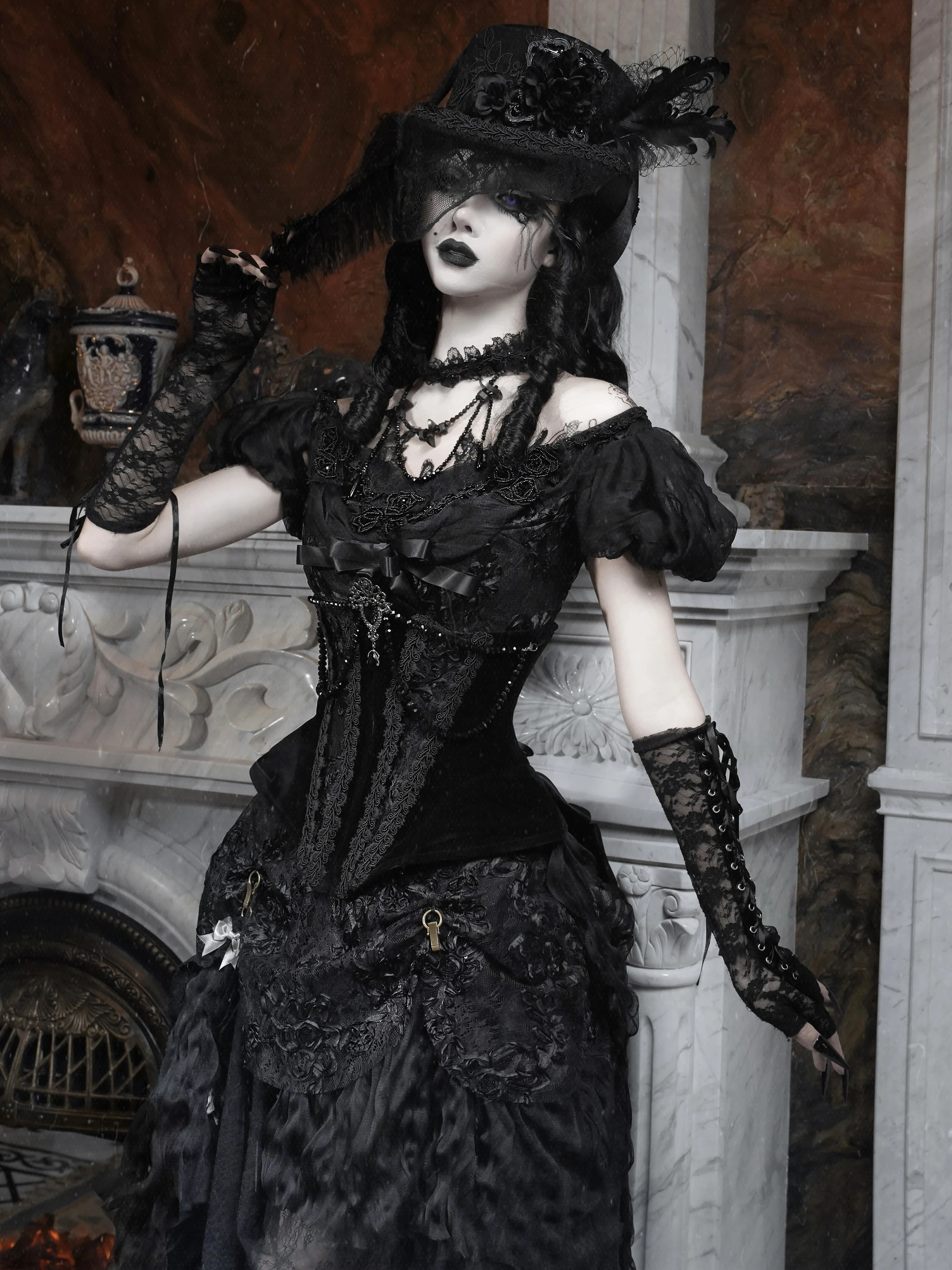 Halloween Japanese Rojita Dark Black Slim Fit High Waist Blouse Gothic Off-Shoulder Puff Sleeves Mesh Top Short Sleeved Shirt