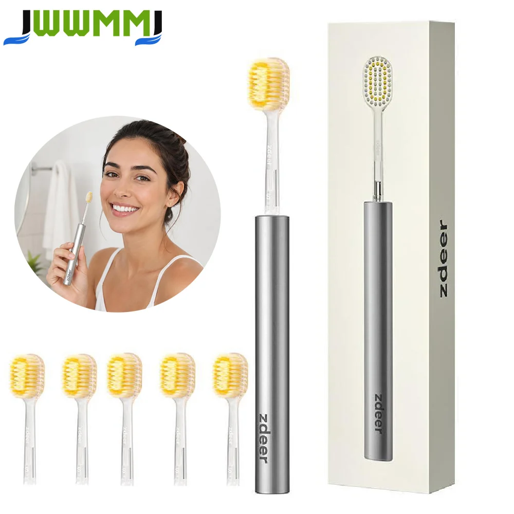 Metal Handle Manual Toothbrush Set with 6 Soft Replaceable Heads, Sensitive Gum Friendly Reusable Premium Oral Care for Adults