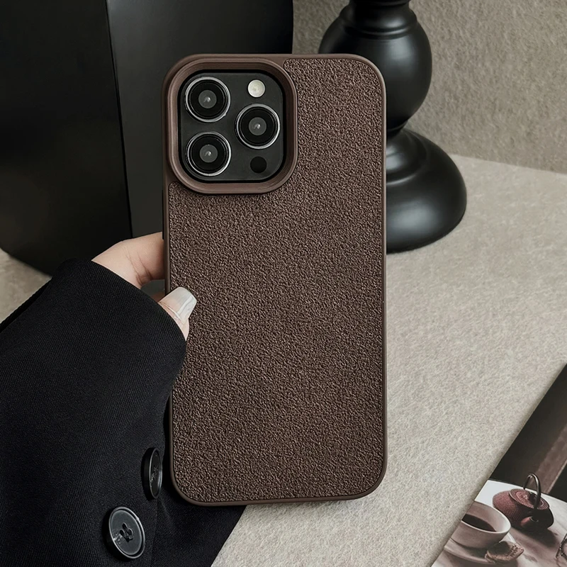 Fashion Dark Brown Moon Crater Pattern Phone Case For iPhone 11 12 13 14 15 Pro Max Retro Leather Anti-drop Shockproof Cover