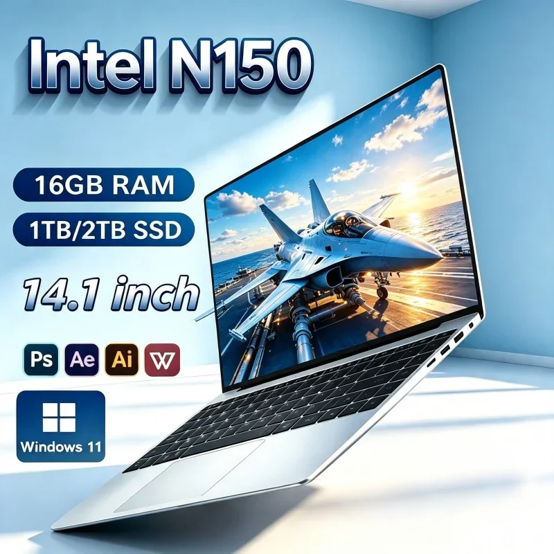 2026 Lightweight Intel Core N150 14.1 Inch Laptop 32GB RAM 2TB SSD Windows 11 Ultra Slim Gaming Gamer Office Notebook 1920x1080