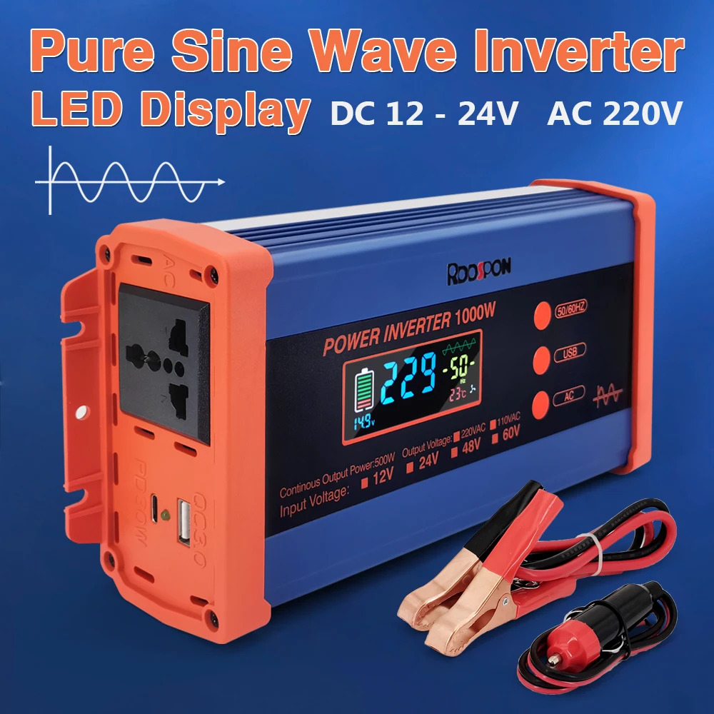 

Car Pure Sine Wave Inverter DC 12V 24V To AC 220V 50/60Hz 1000W Voltage Transformer Power Converter Solar Inverter