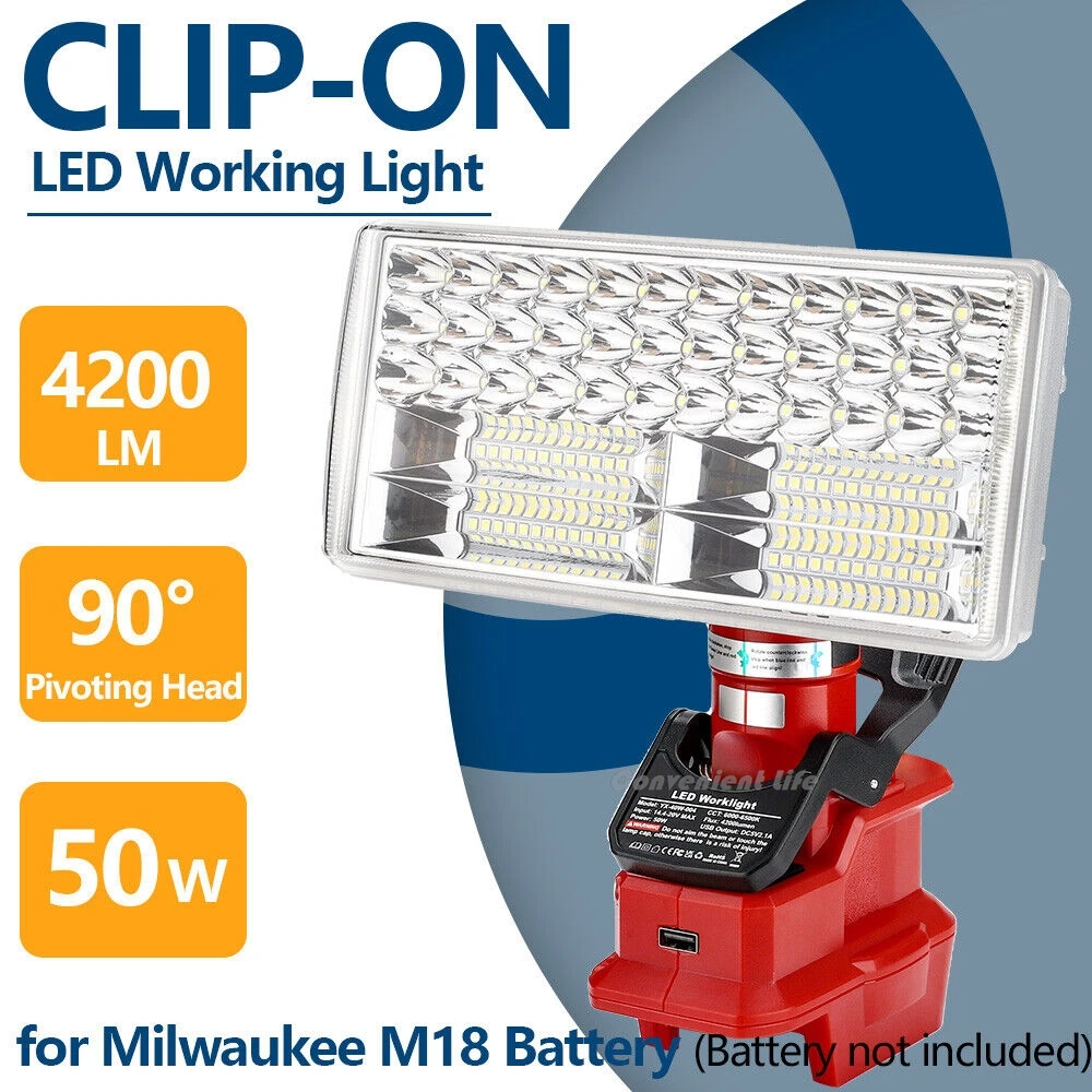 

Cordless LED Work Light For Milwaukee M&18 18V Battery With Clip On and 5V/2.1A USB Port 4200LM Flashlight Floodlight Spotlights