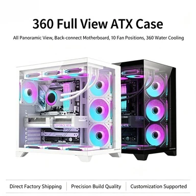 No A‑Pillar Full Tempered Glass PC Case ATX White Ocean View Computer Chassis Support 360mm Water Cooling Desktop Case