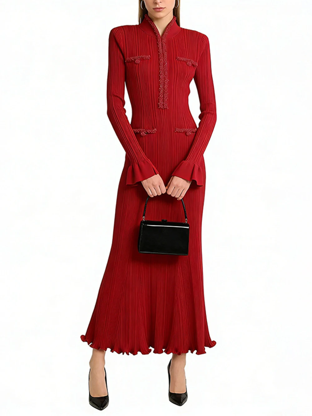 

Mingyuan Style Dress 2026 New Style Stand Up Collar High-end Feeling Buckle Style Flared Sleeves Slim Fit Long Skirt