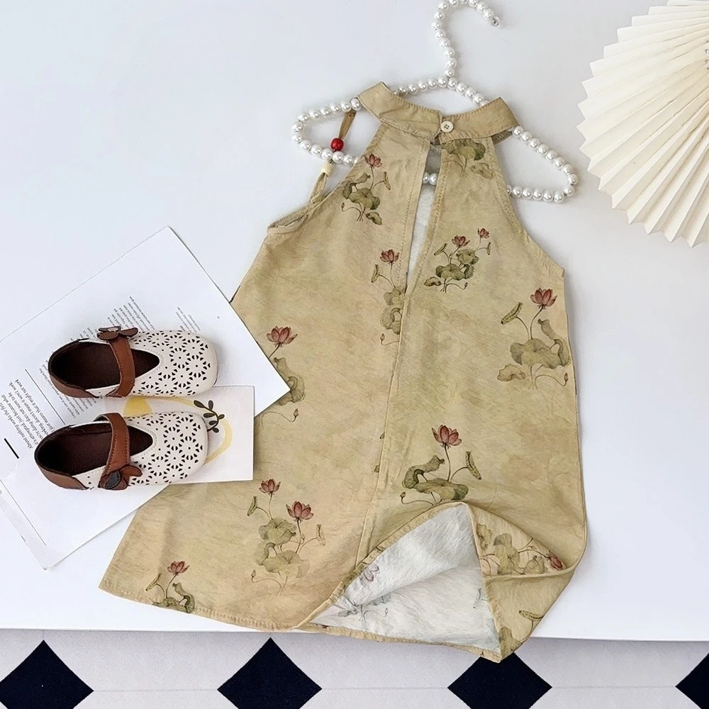 فستان صيفي للفتيات من عمر 3 إلى 7 سنوات على الطراز الصيني مطبوع بدون أكمام ورقبة معلقة قطعة واحدة ملابس أطفال ريترو حلوة #4