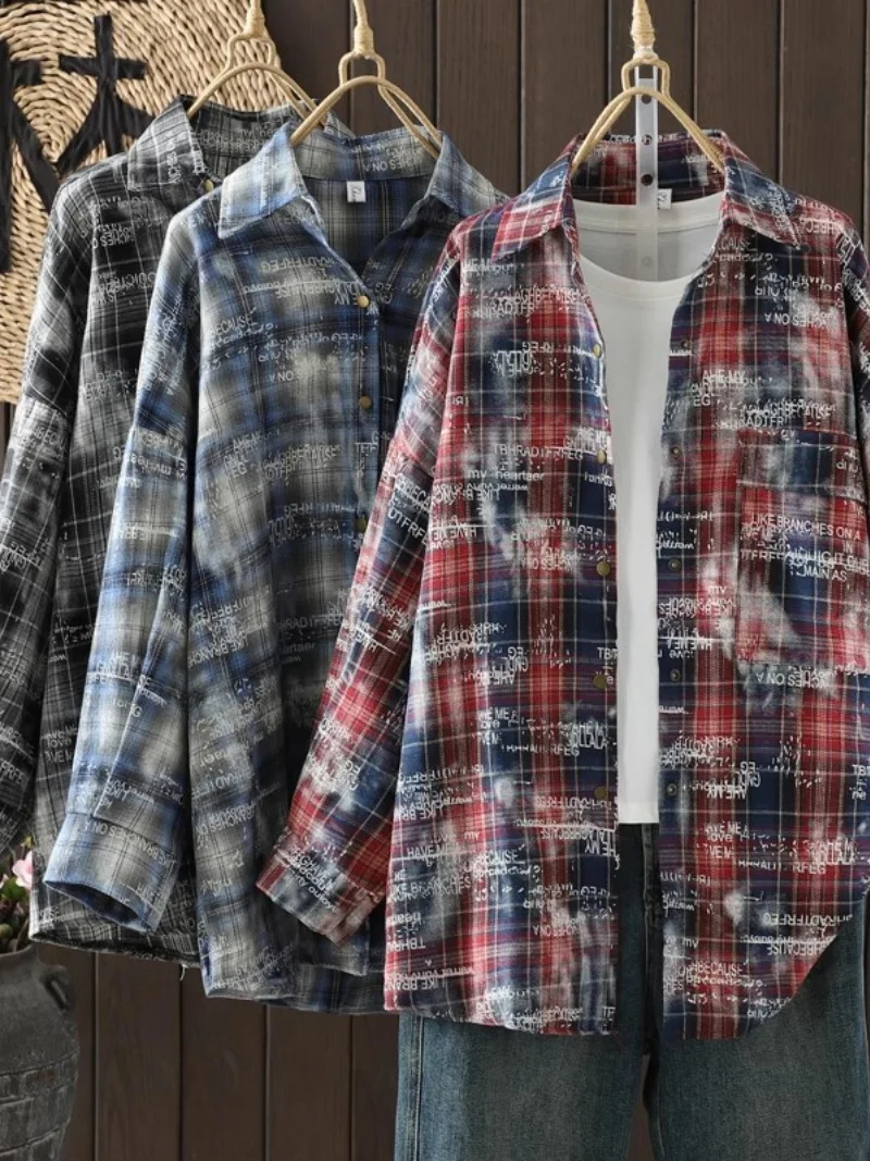 

Large Size Long Sleeved Shirt Women Loose And Casual Versatile Checkered Single Breasted Wavy Stripe Tops w577