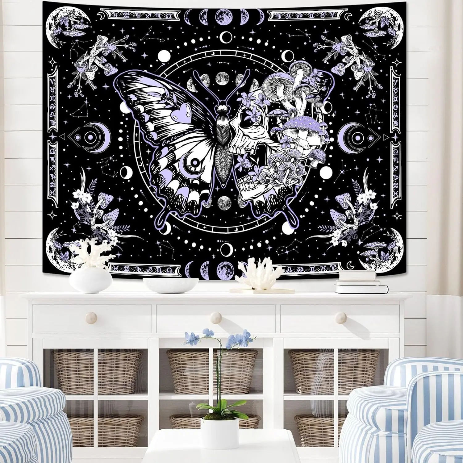 Wall Tapestry Aesthetic Bedroom Tapestry Skeleton Butterfly Purple Skull Hippie Mushroom Plants Moon Phase Aesthetic