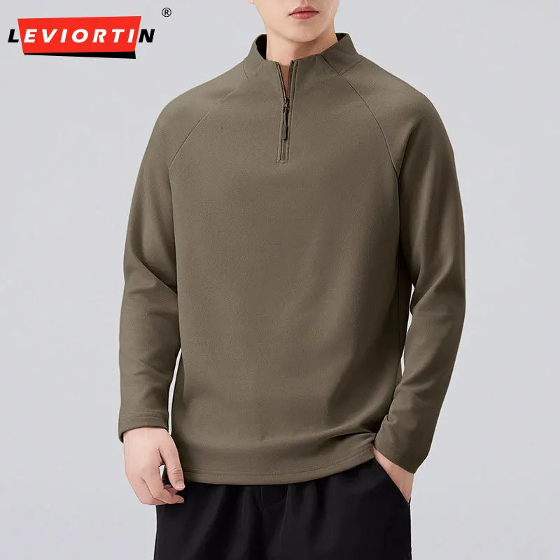 

Мужская осенняя футболка в американском стиле ретро с полумолнией и красивым воротником-стойкой, модная универсальная теплая и повседневная футболка с длинным рукавом