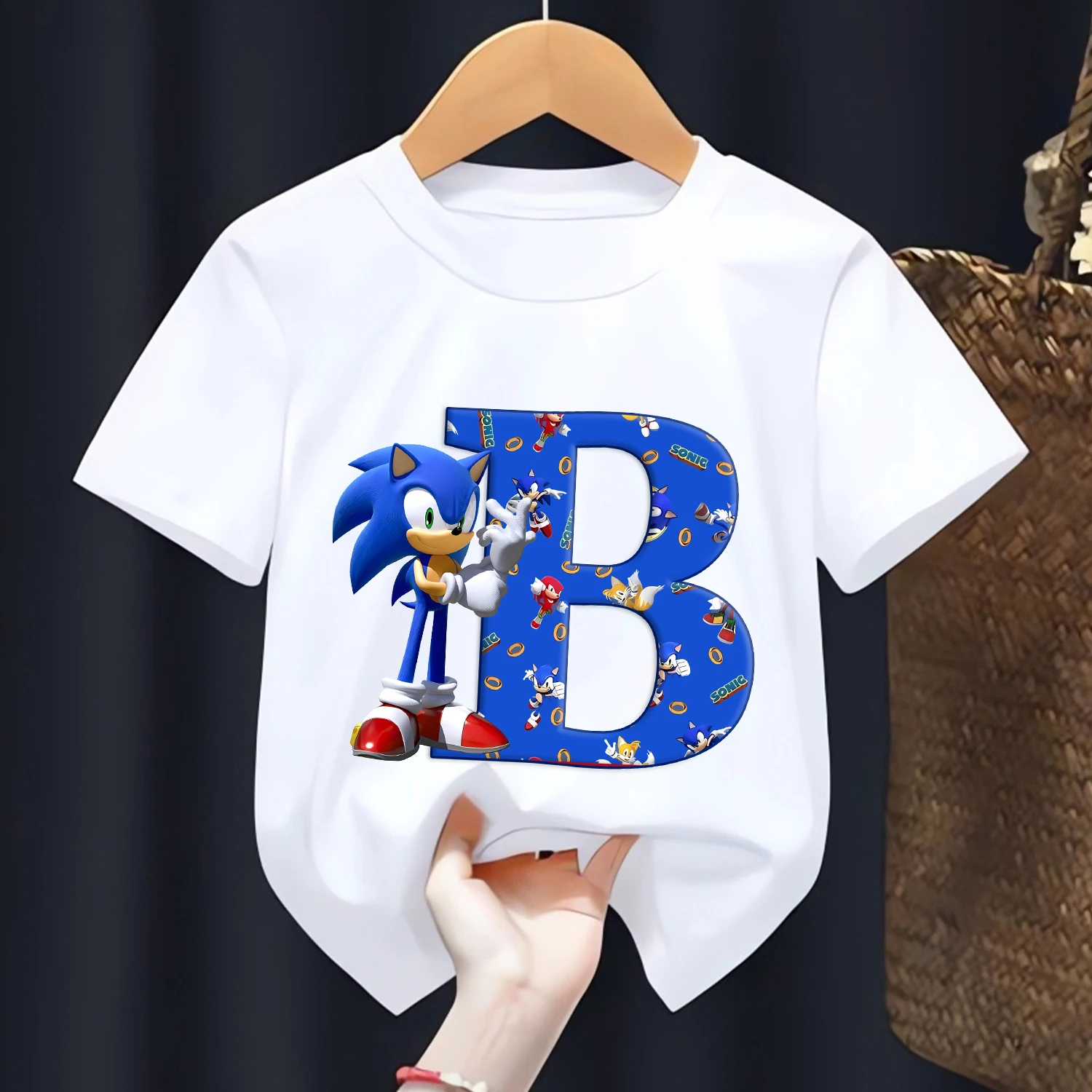 T-shirt Sonic per bambini Lettere AZ Tee Top Cartoon Ragazzi Vestiti Moda Bianco Manica corta Bambini Anime Abbigliamento ampio Regalo