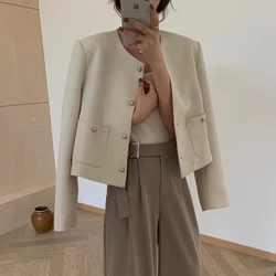 Blazer court vintage pour femme avec boutons en métal, veste à col rond, manteau d'extérieur Chester, style français, automne, Y-2023