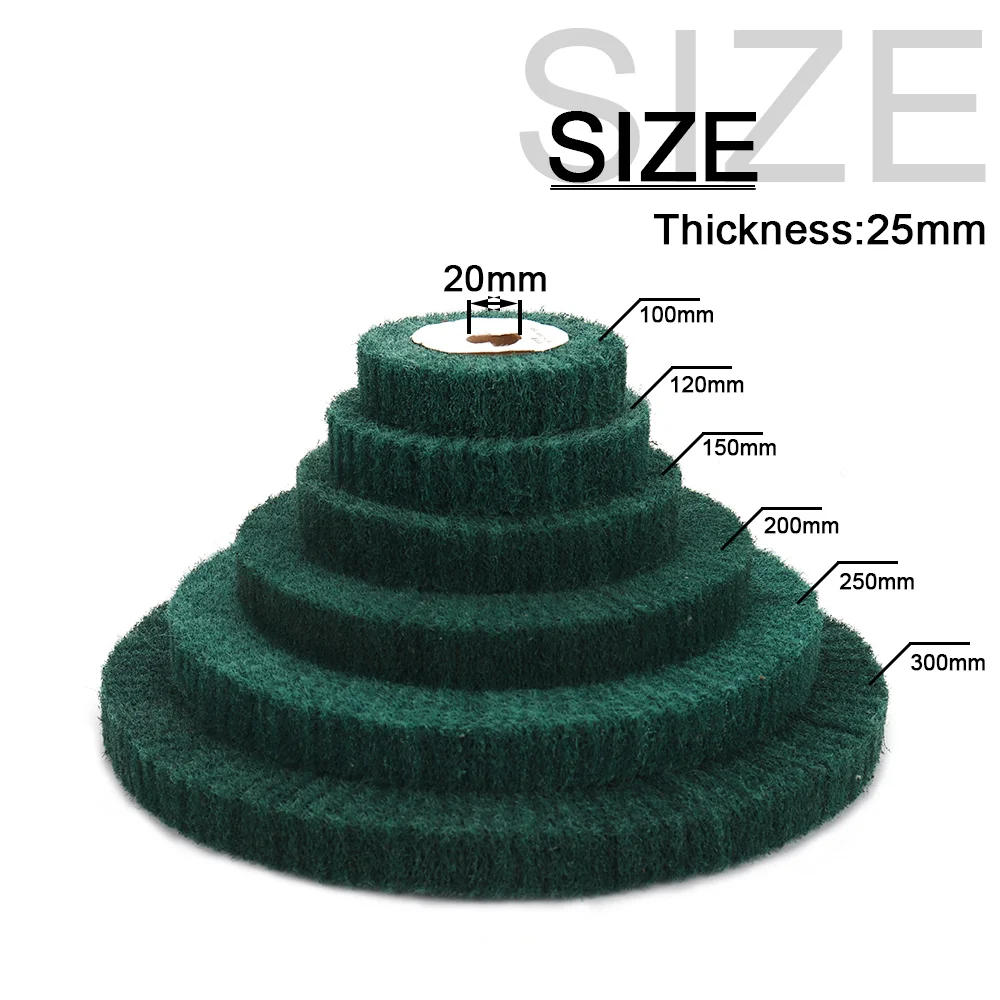 100/125/150/200/250/300mm Non-woven Abrasive Flap Wheel Green Nylon Fiber Polishing Buffing Wheel Disc 20mm Bore 1'' Thickness