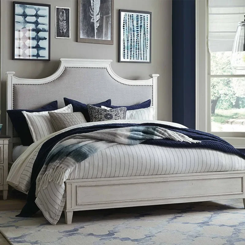 American Rural Retro 1.8m Solid Wood Double Bed Fabric Upholstered Soft Wedding Bed for Small Apartment Master Bedroom French