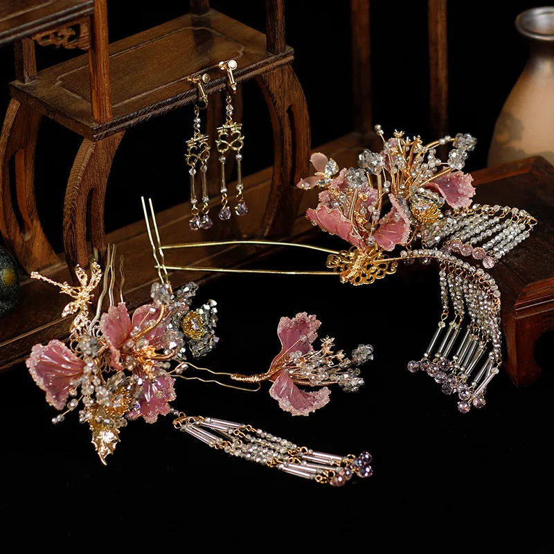 الذهبي الوردي الجديد الصينية Xiuhe غطاء الرأس مشبك شعر شيونغسام Hanfu اكسسوارات الحد من العمر سوبر شرابة Xiuhe الملابس