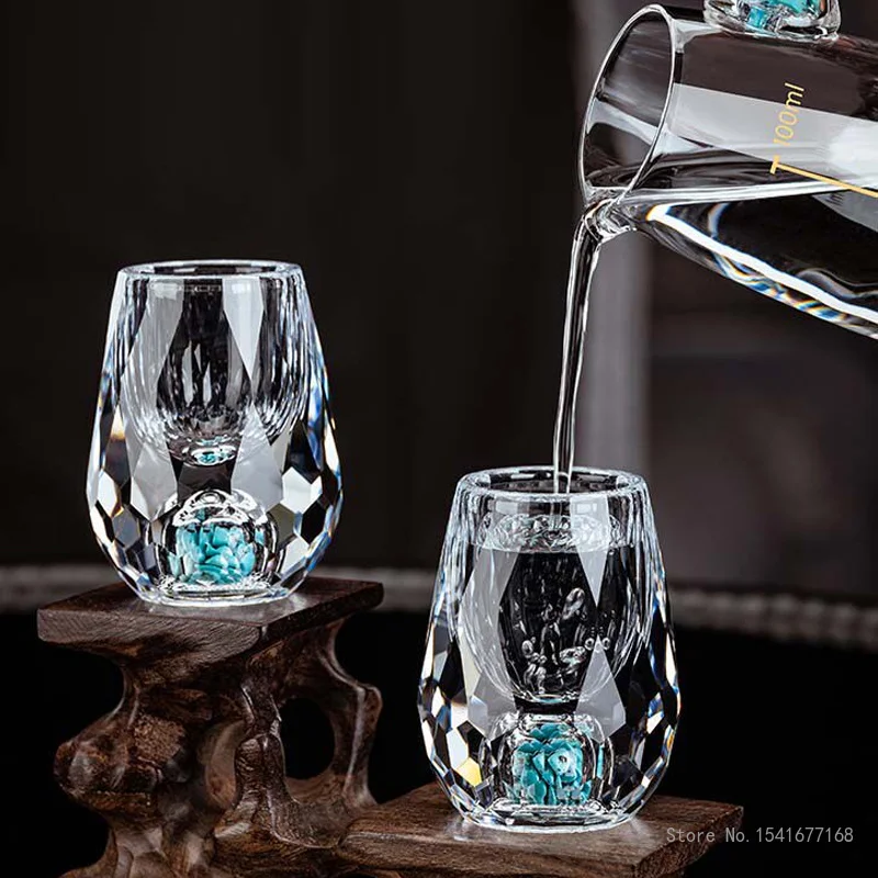 Affordable Luxury Creative Sake Jug, Turquoise section, Glass Wine Dispenser, Restaurant Supplies, One Wine Pot liquor 2 Cup Set
