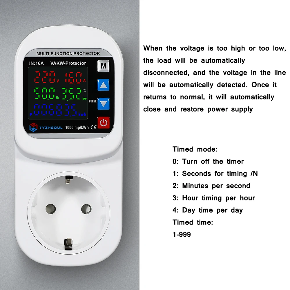 Multifunction Over Voltage Current Protector Socket 230V 16A Adjustable Timing Switch Temperature Control Undervoltage Protector