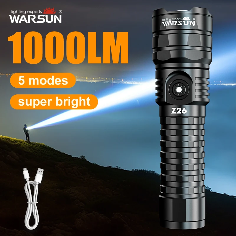 WARSUN Z26 Multifunctional Zoom Outdoor Flashlight - 1000Lm, IPX5 Waterproof, 5 Modes, Rechargeable