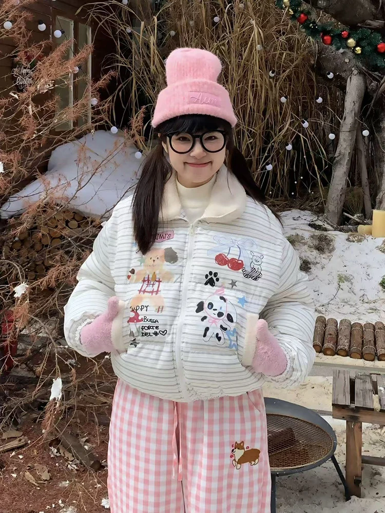 

Парки с воротником-стойкой и мультяшным принтом, пальто, женские зимние толстые теплые свободные укороченные пуховики Y2K, корейская милая консервативная верхняя одежда на молнии