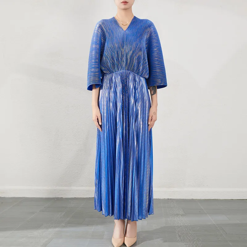 

Party Dresses Woman 2023 High Quality V-Neck Batwing Sleeves Loose Stretch Miyake Pleated Elegant Long Dress