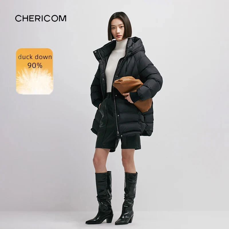 

Chericom женский пуховик средней длины премиум-класса с изоляцией и воротником-стойкой, с капюшоном, ветрозащитные легкие пальто на утином пуху Y298011Y