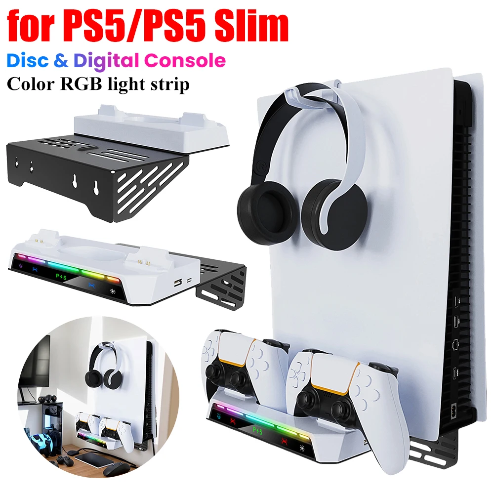 Wall Mount Kit & Charging Station W/ Headset Holder Metal Wall Hanging Charger Stand for PS5 and PS5 Slim Disc & Digital Version