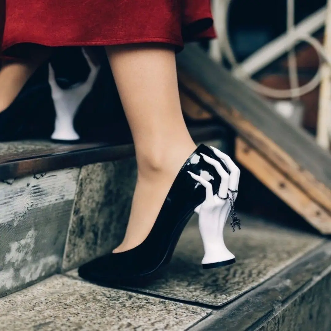 Punk Style Pointed Toe Halloween Shallow Women Pumps Strange Shoes Hand-Held High Heels Slip On Design Large Size Shoes