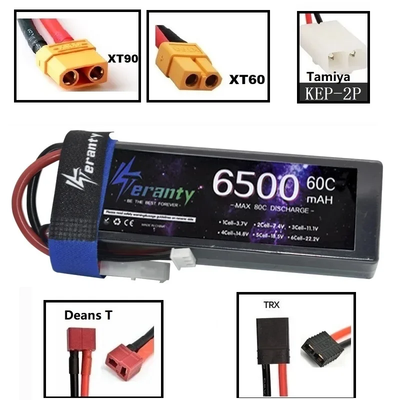 Hot Teranty 2S 7.4V Lipo Battery 6500mAh 60C Stable Output with T Connector Battery for RC Vehicle Traxxa Helicopter Boat Truggy