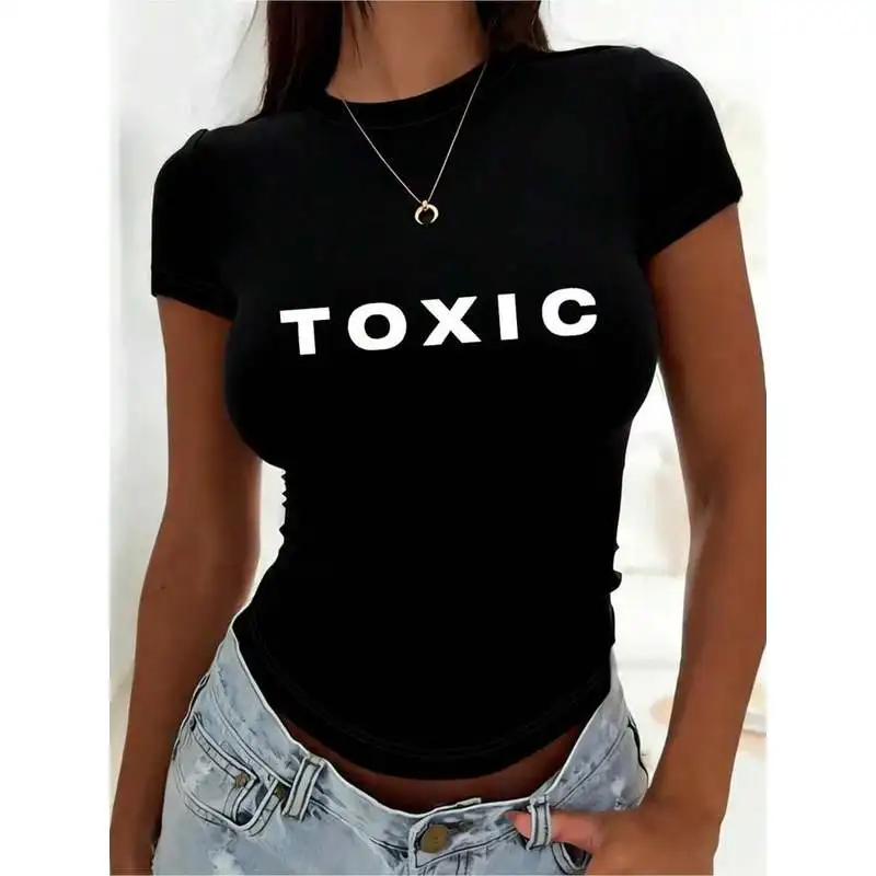 Women's Printed Cropped Crew Neck Short Sleeve T-Shirt, Slim Fit Y2K Crop Top