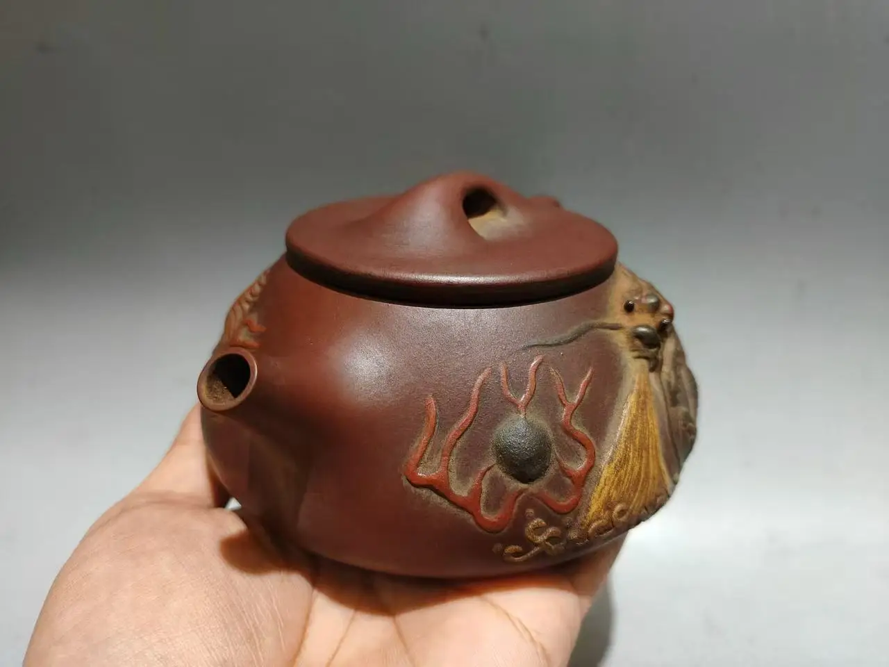 Old Chinese Handicraft Enameled YiXing Zisha (red stoneware) Teapot,bamboo, with mark, Free shipping