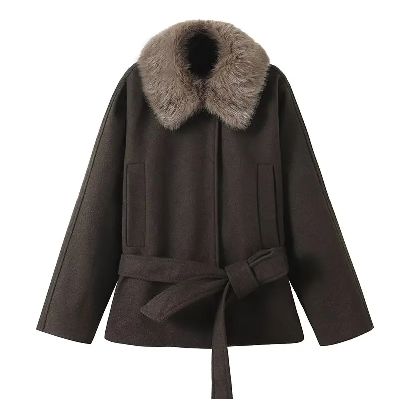 

2025 New Women's Clothing: European and American Style Fashionable Faux Fur Collar Belt Long-Sleeved Coat